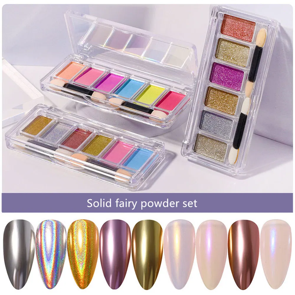 Private label 6 Colors Nail Art Powder Kit Solid Glitter Aurora Powder Set Nail Arylic Powder for Nail Art