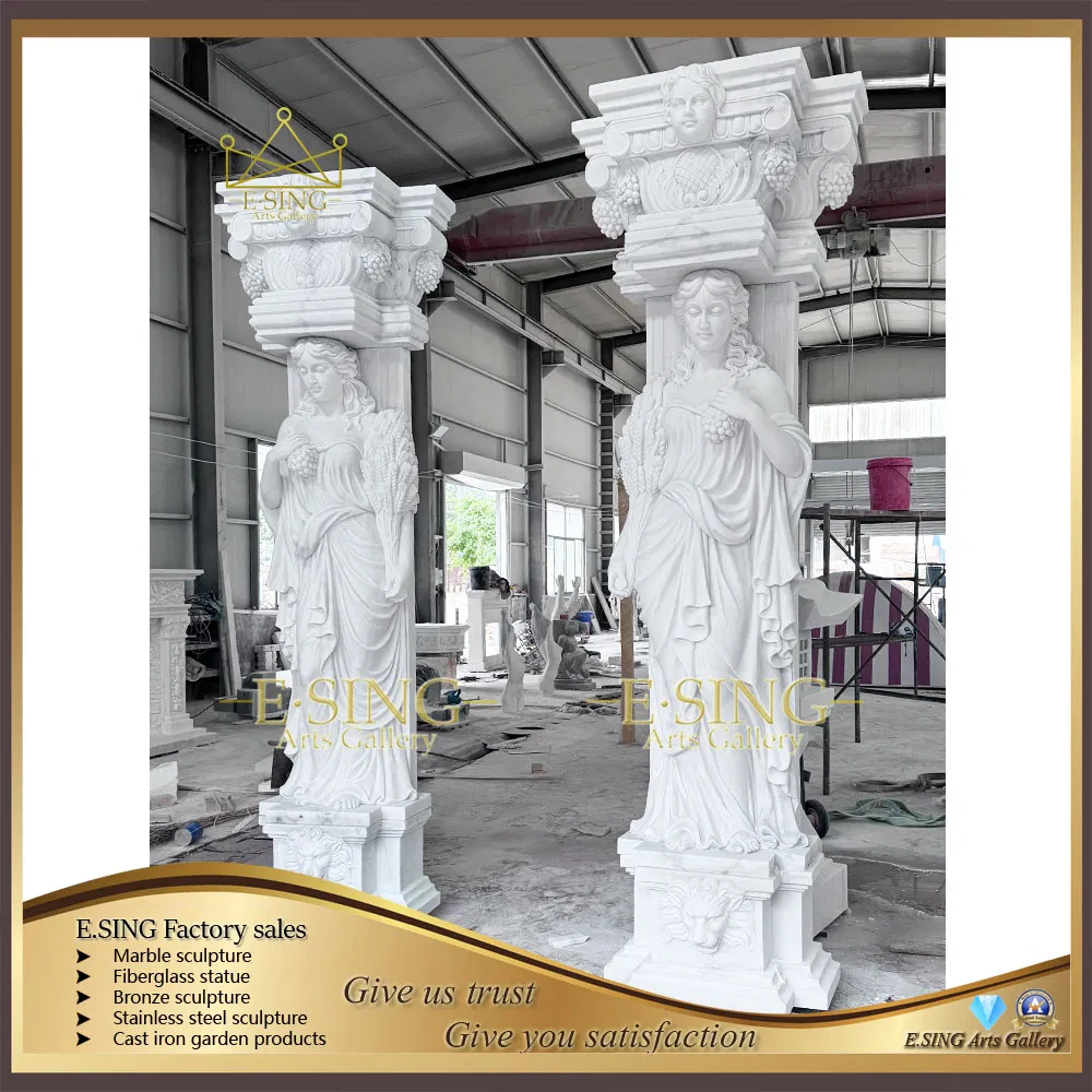 White Marble Natural Stone Handmade Statue Carving Column for Garden Decoration