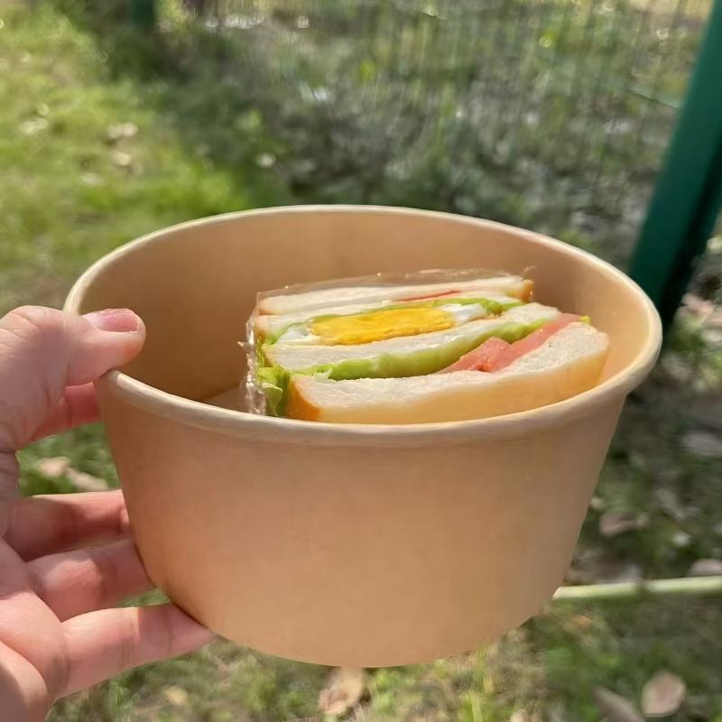 Factory Custom Biodegradable Round Kraft Paper Food Container Take Away Disposable Salad Bowls with Lid