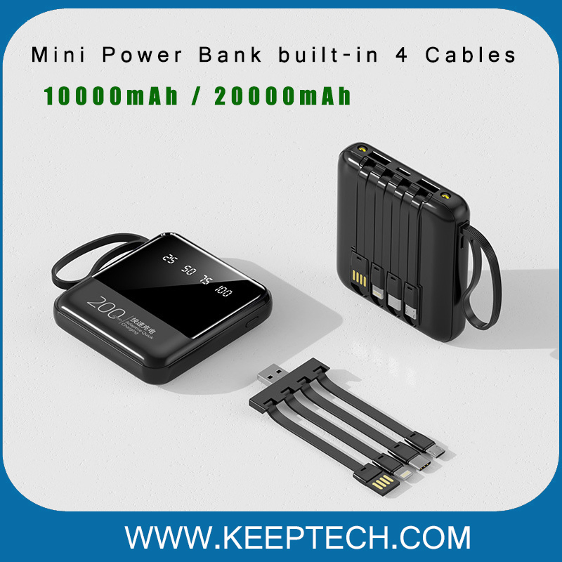Mini Power Bank 10000mAh with Built-in 4 Cables for Promotional Gifts Power Bank for Mobile Phone 10000mAh