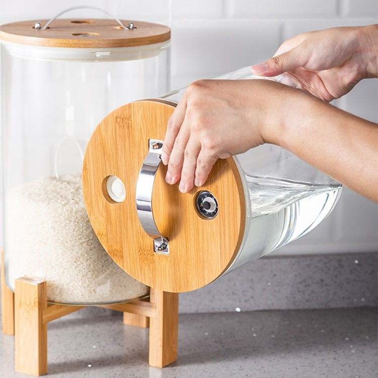 5L 8L Kitchen Glassware Food Grade High Borosilicate Glass Bulk Rice Grain Dispenser Glass Set with Bamboo Stand Airtight Lid