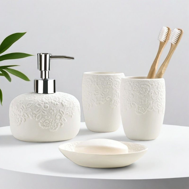 Bathroom Ceramic Toiletry Set 4PCS Dispenser Toothbrush Holder Tumbler Soap Dish