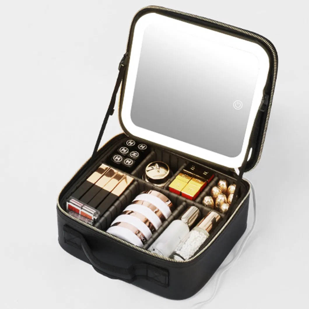 3 In1 PU Leather Portable Travel Makeup Bag Case Make up Bag with LED Light Mirror with Handle
