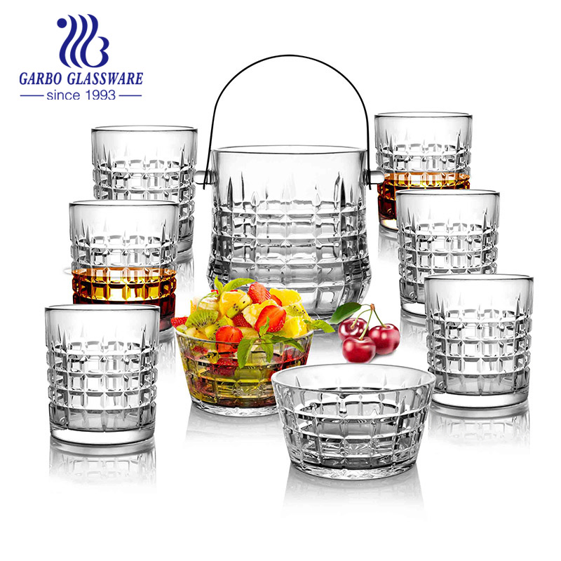 Wholesale Summer Glass Ice Bucket Set with Whisky Glass Embossed Tumbler Drinking Set