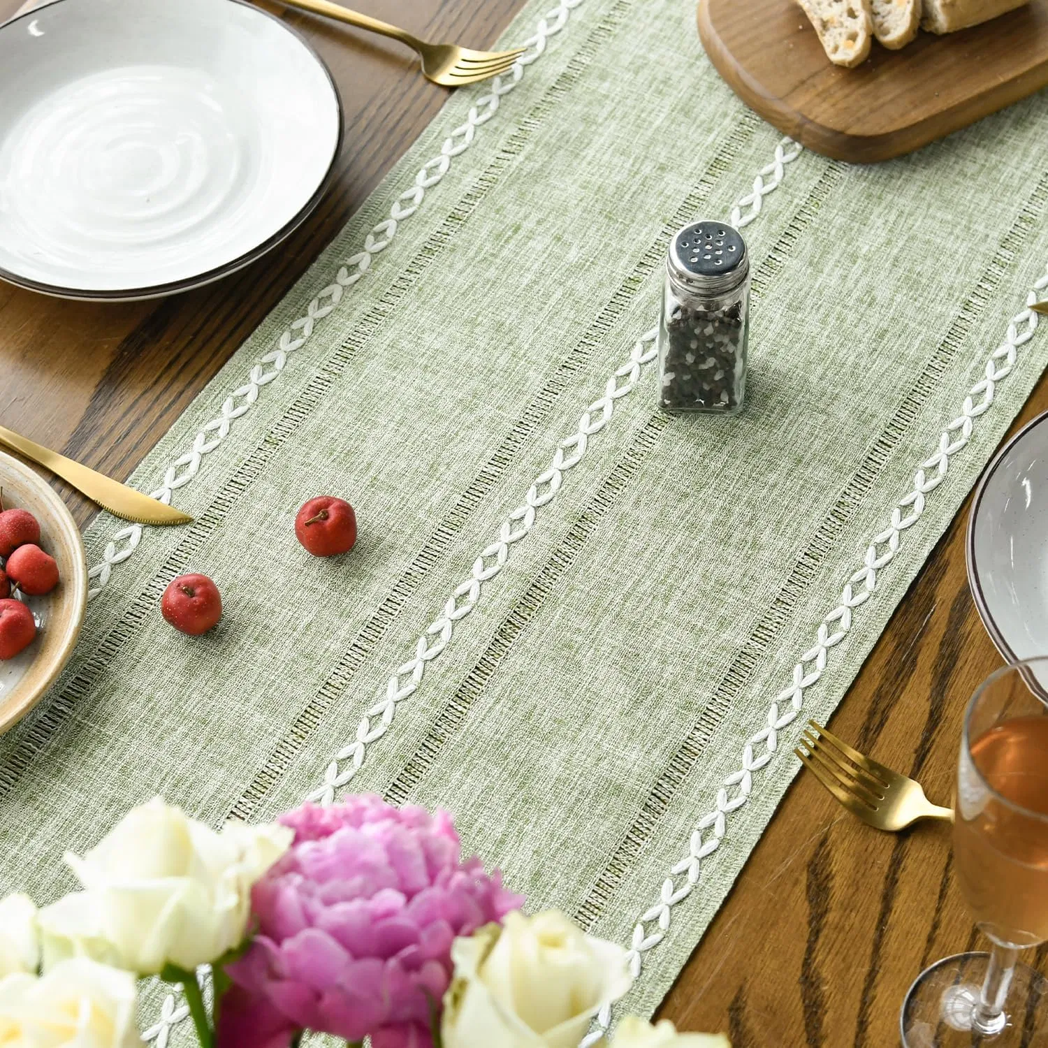 Sage Green Rustic Cotton Linen Table Runner for Home Party Decor