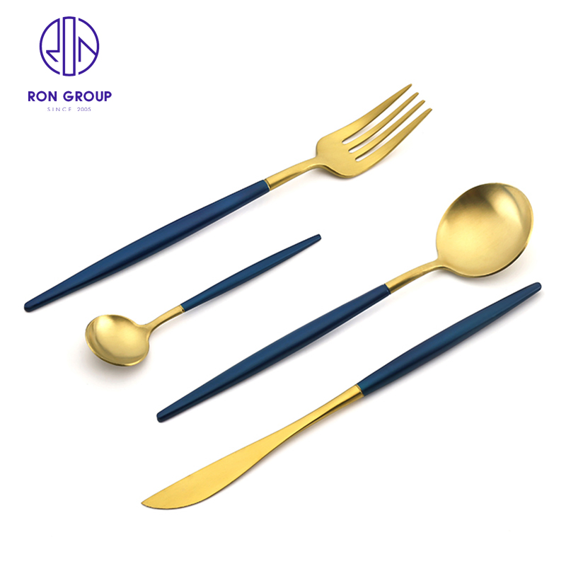 Western Restaurant Hotel Kitchen Silverware Knife Spoon Fork Solid Blue Handle with Gold Flatware Stainless Steel Cutlery