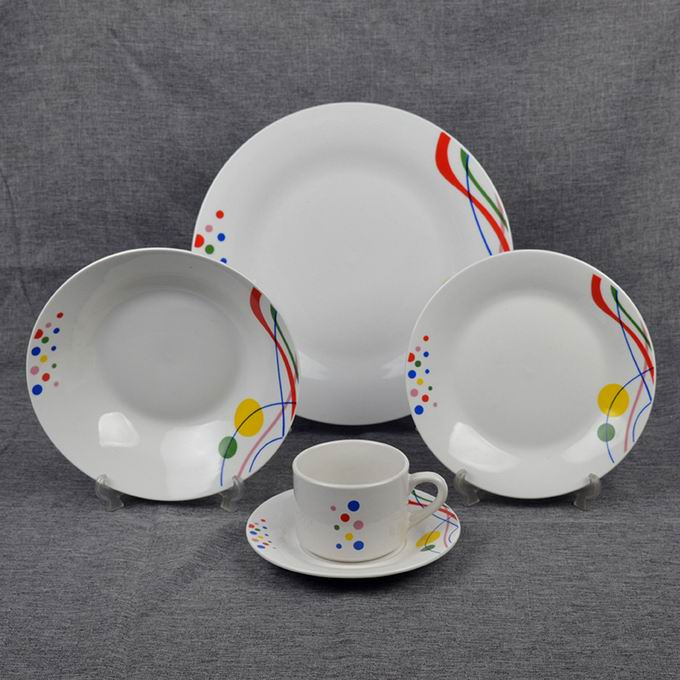Eco-Friendly Healthy Luxury High Quality 20PCS Dinner Set with 10.5"Plate& Soup Dish Stick Colourful Decal Porcelainware Stoneware Crockery Ceramic Tableware