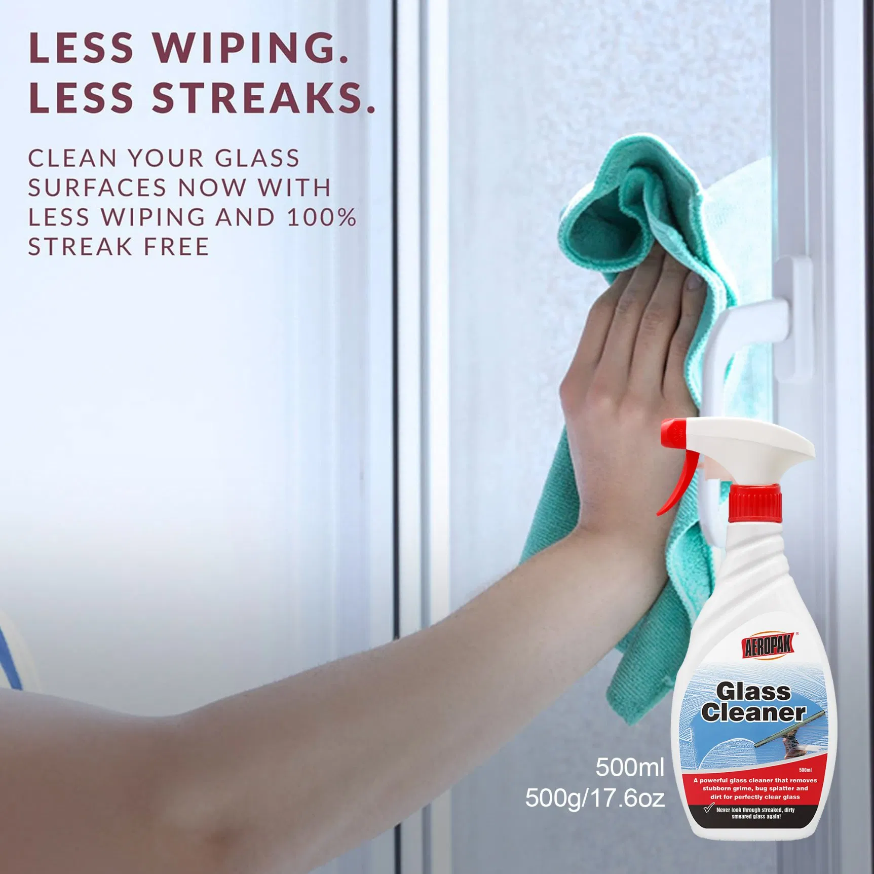 Aeropak 500ml Bottle Car Window Glass Water Stain Cleaner Liquid Agent Mirror Glass Cleaner Spray for Automotive and Household