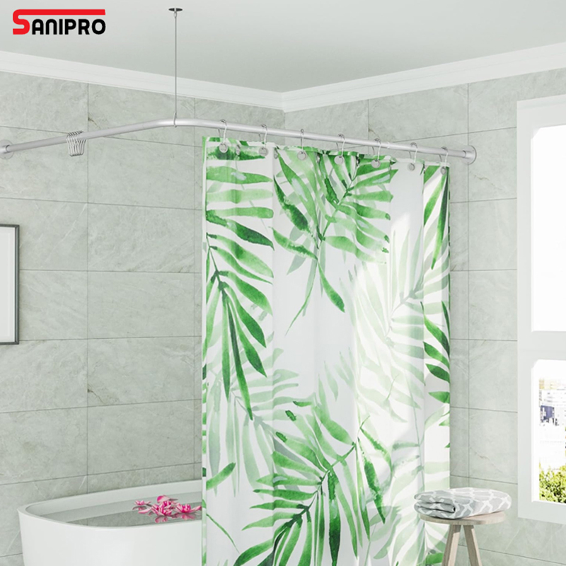 Sanipro Adjustable Tension Shower Curtain Poles L Shaped Bathroom Corner Shower Curtain Rod Set with Ceiling Support Ring Hook