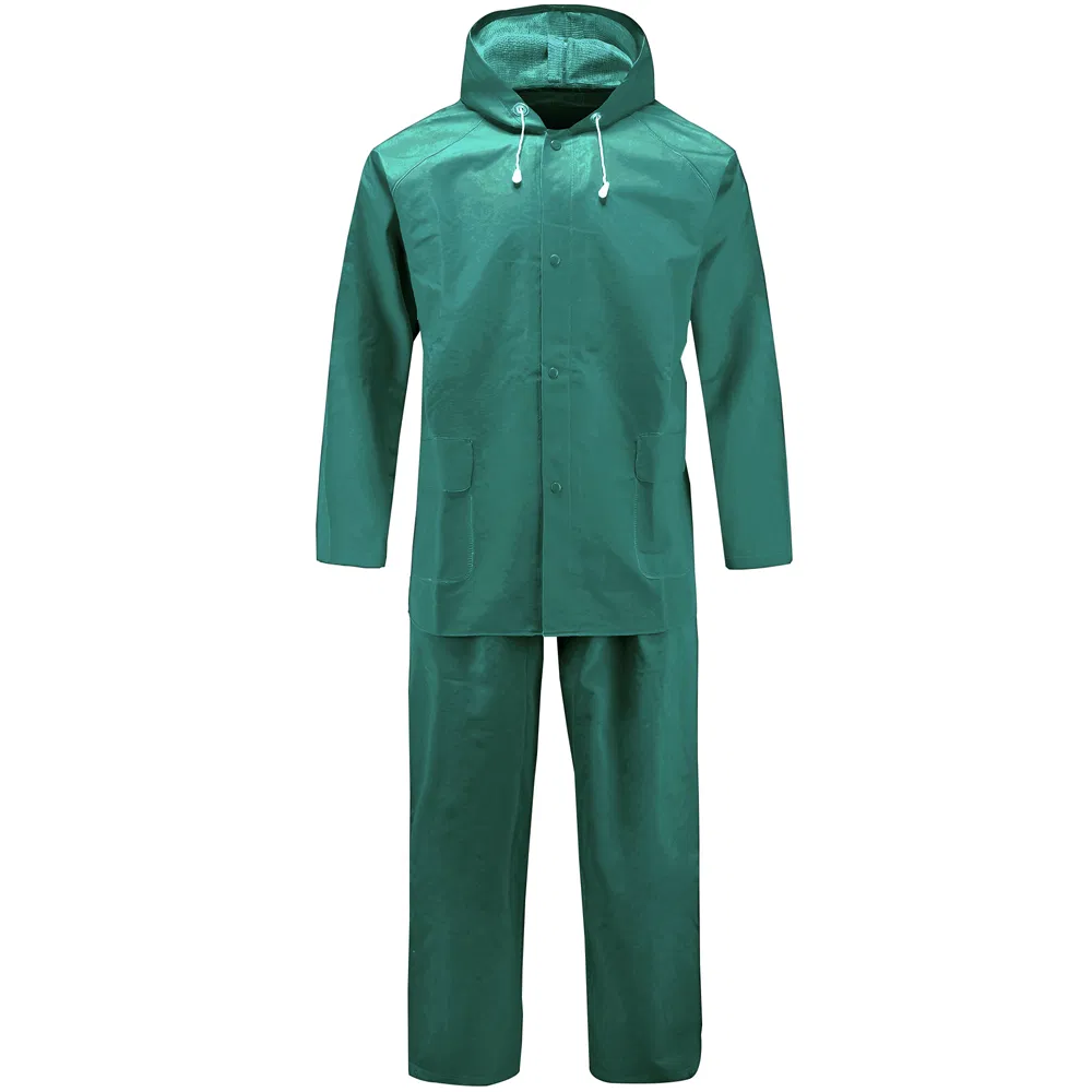 Two Pieces Green PVC Polyester PVC Waterproof Oil Resistant Heavy Duty Raincoat