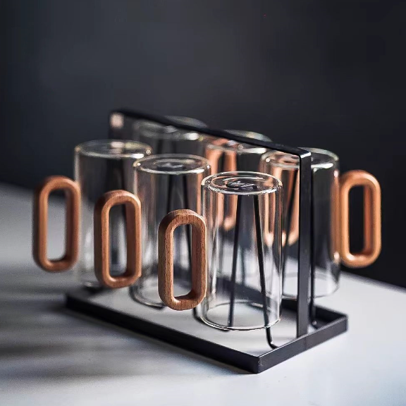 Premium Elegant Borosilicate Glass Cup with Stylish Walnut Grip