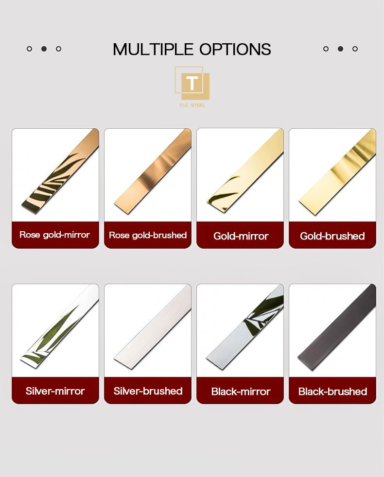 T&C Profiles30 Mirror PVD Gold Finish Flat Metal Stainless Steel Trim Strip Decorative Tile for Furniture Wall Floor Transition Strip