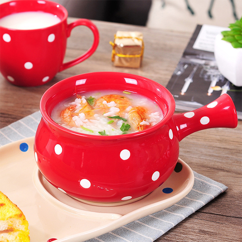 Nordic Polka Dots Salad Soup Cereal Bowl Single Handle Ceramic Bowl Ceramic Handle Bowl