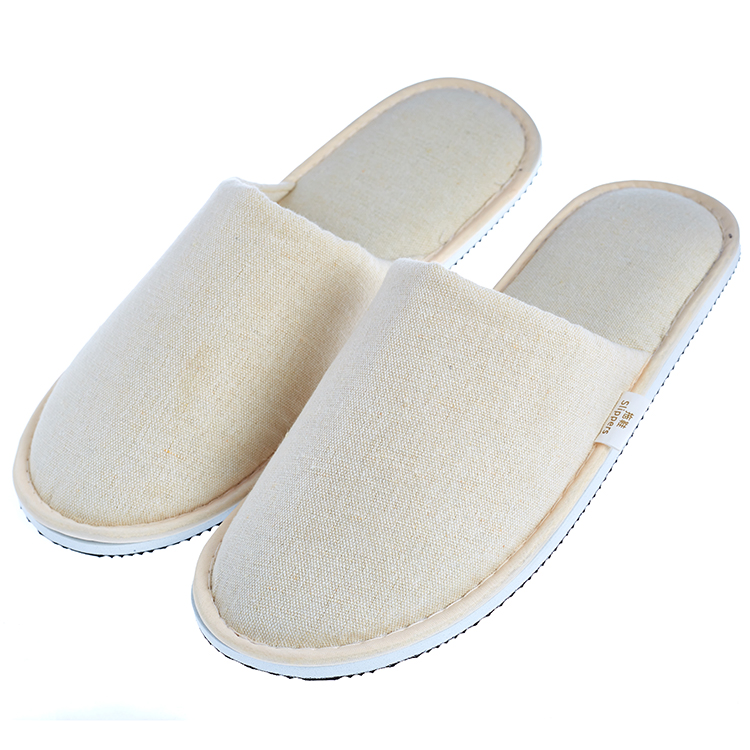 Custom Logo Luxury Non Slip Rubber Sole Canvas Fabric Guest SPA Disposable Closed Toe Slippers for Hotels
