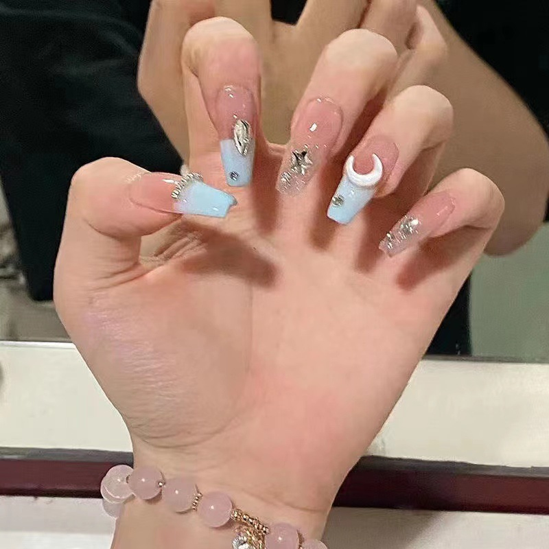 Aurora Drill Blush Glitter Powder Nail White Fake Nails Short Detachable Wearable Manicure