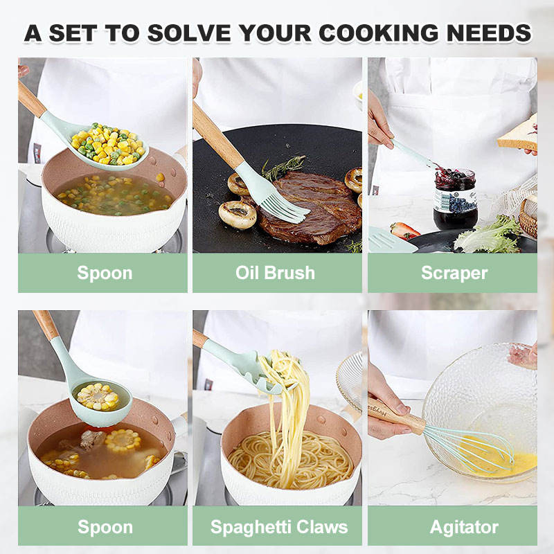 12PCS/Set Food Grade Silicone Kitchen Tools Set with Wooden Handles Kitchenware