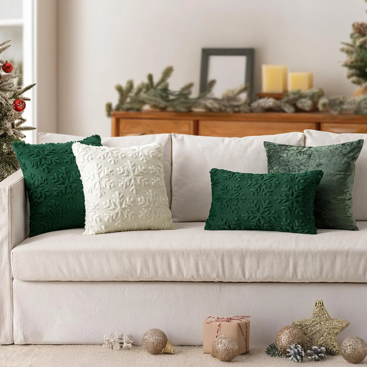 Christmas Dark Green Throw Pillow Covers Snowflakes Decorative 18*18 Inch Faux Wool Winter Festival Couch Pillow Covers