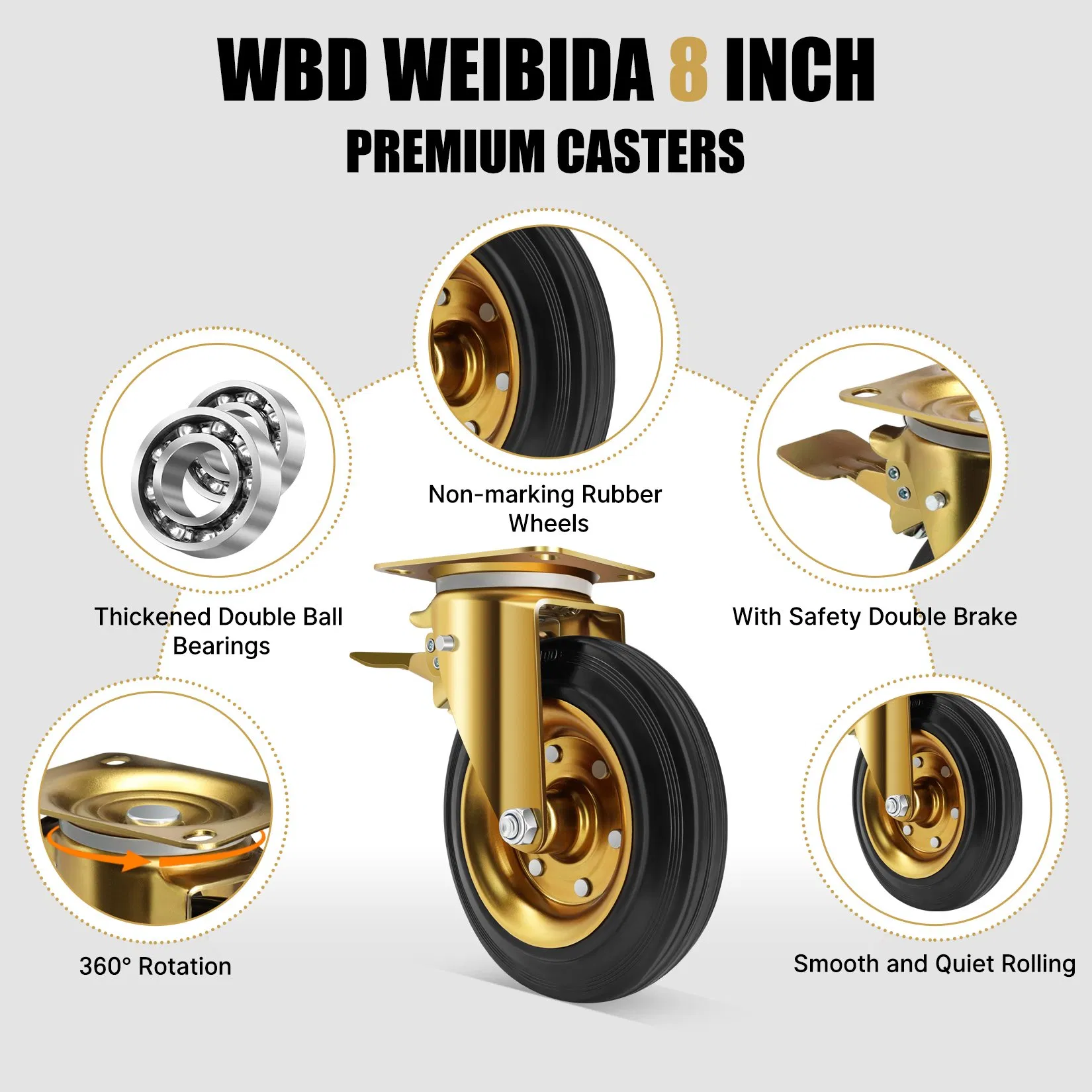 Large Wheel Caster En840 8inch 200mm Rubber Iron Trolley Wheel Rotating Castor Trash Can 330kg Caster with Brake Bin Caster