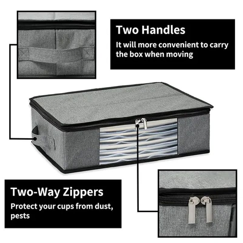 Hard Shell Plates, Tea Cups Organizer Box with Dividers and Handles Hh007_13