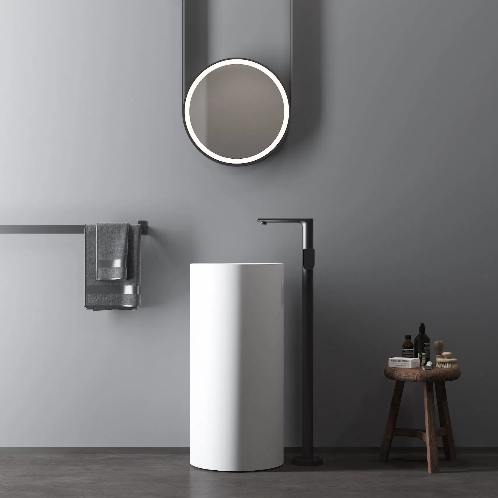 Modern Matte Black Colour Bathroom Solid Surface Pedestal Wash Basin Artificial Stone Freestanding Sink