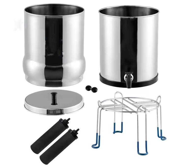 Gravity Fed Stainless-Steel Countertop Water Filter System Set with Metal Water View Spigot and Countertop Water Filter Stand