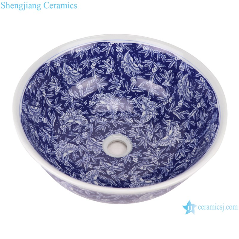 Handmade Blue and White Porcelain Ice Plum Butterfly Leaf Design Ceramic Wash Sink