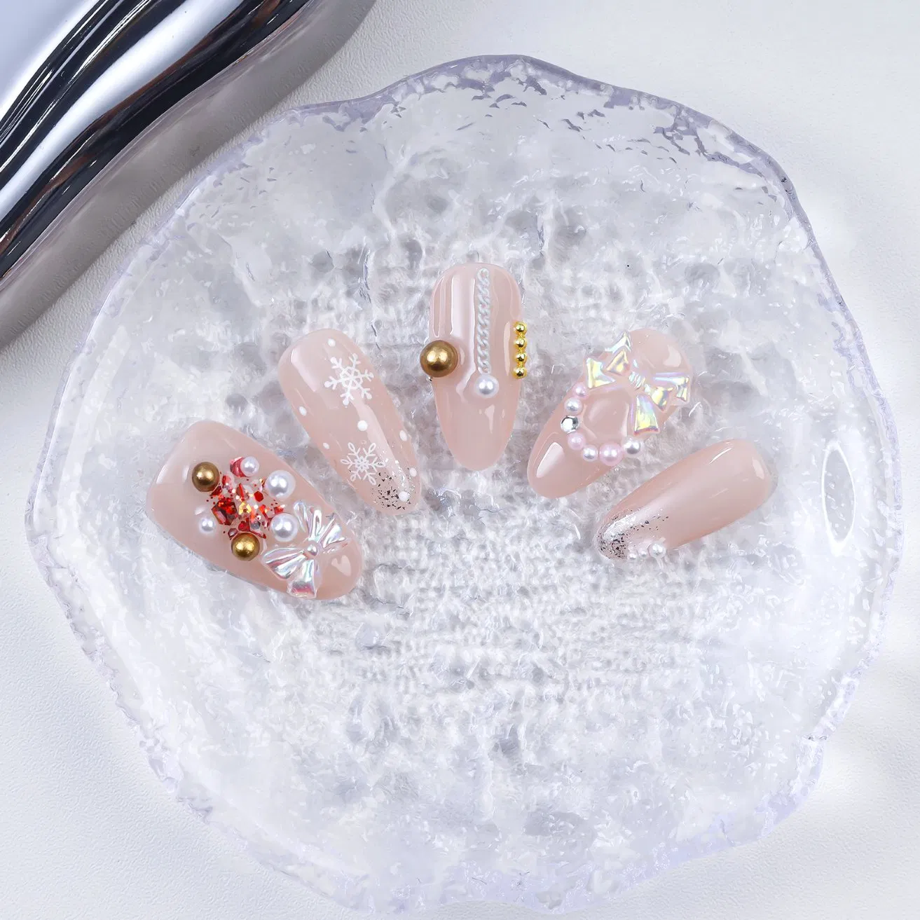 Nude Snowflake Bow Almond Press-on Nails (Christmas Pearl Design)