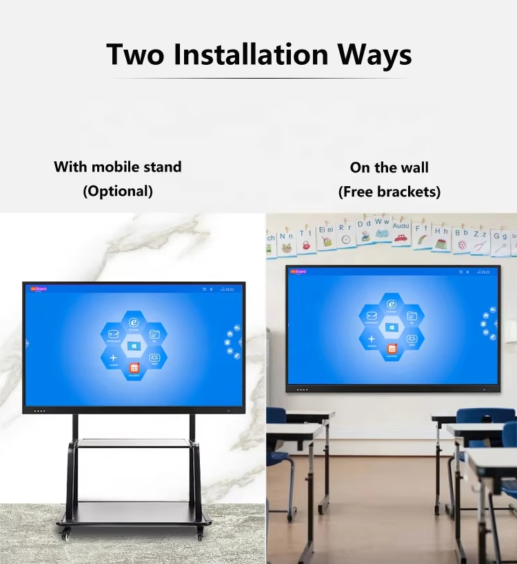 Silver Interactive Flat Panel 75 Inch Smart Board 20 Points Touch Screen Dual OS System Wall Mount OPS Available
