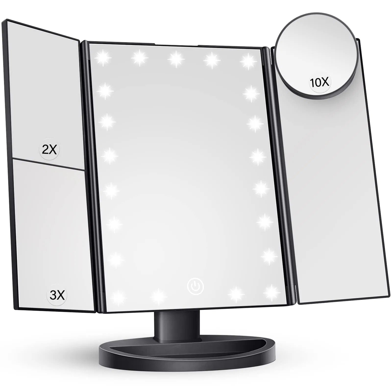 Modern 3-Sided Vanity Mirror with Lights - 2X/3X/10X Magnification, Touch Control, White (9.4X13.4 Inch) for Dressing Table & Bathroom