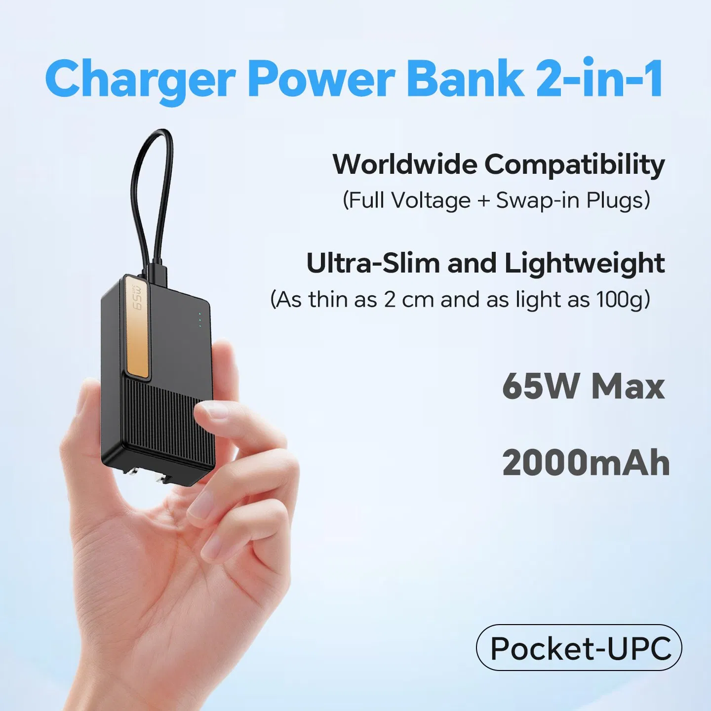 GaN Power Bank 65W с розеткой, 2000 мАч