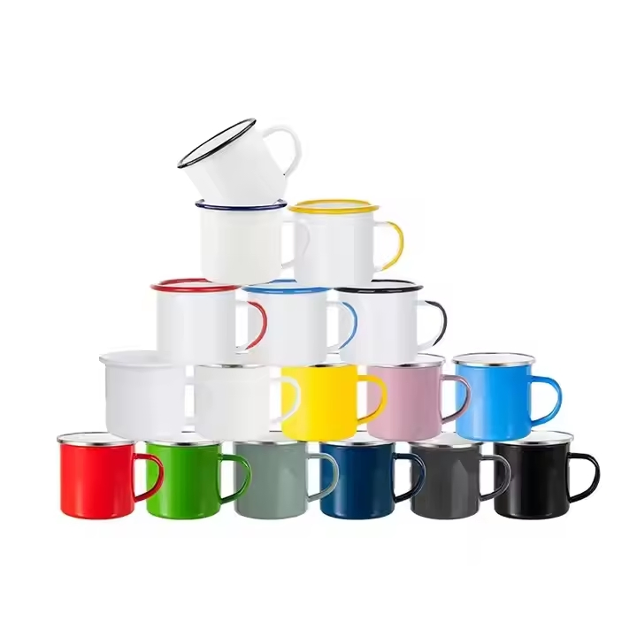 High Quality Colorful Printing White Red Blue Green Black Personalized Customized 12/15 Oz Enamel Mug with Brand Logo for Coffee Wine Water Juice Drinks