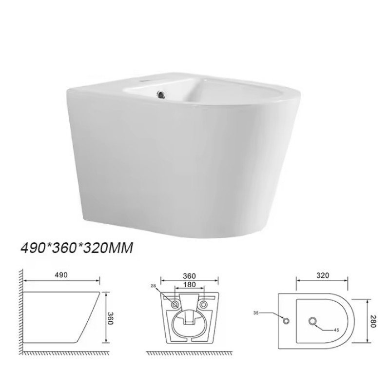537-2 European Style Wall-Mounted One-Piece White Ceramic Bidet