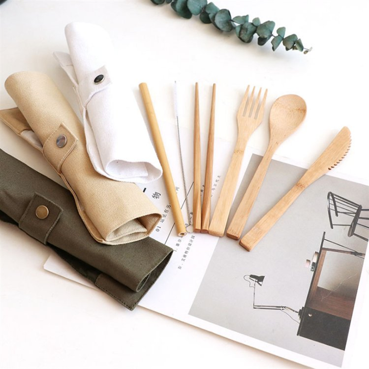 Bamboo Fork Travel Set Portable Tableware Chopsticks Spoon Straw Cloth Bag Six-Piece Cutlery Set with Custom Logo