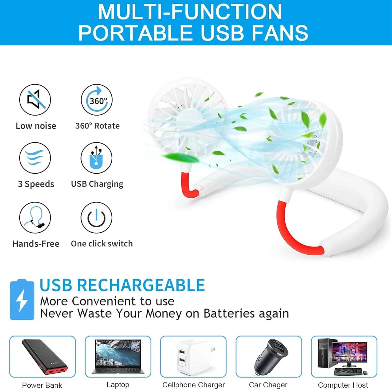 Ds-7009 Portable Mini Neck Fan - Small Personal Cooling Device with Flexible Design - LED Light Double Wind Head - USB Rechargeable Battery - Portable Neck Fan