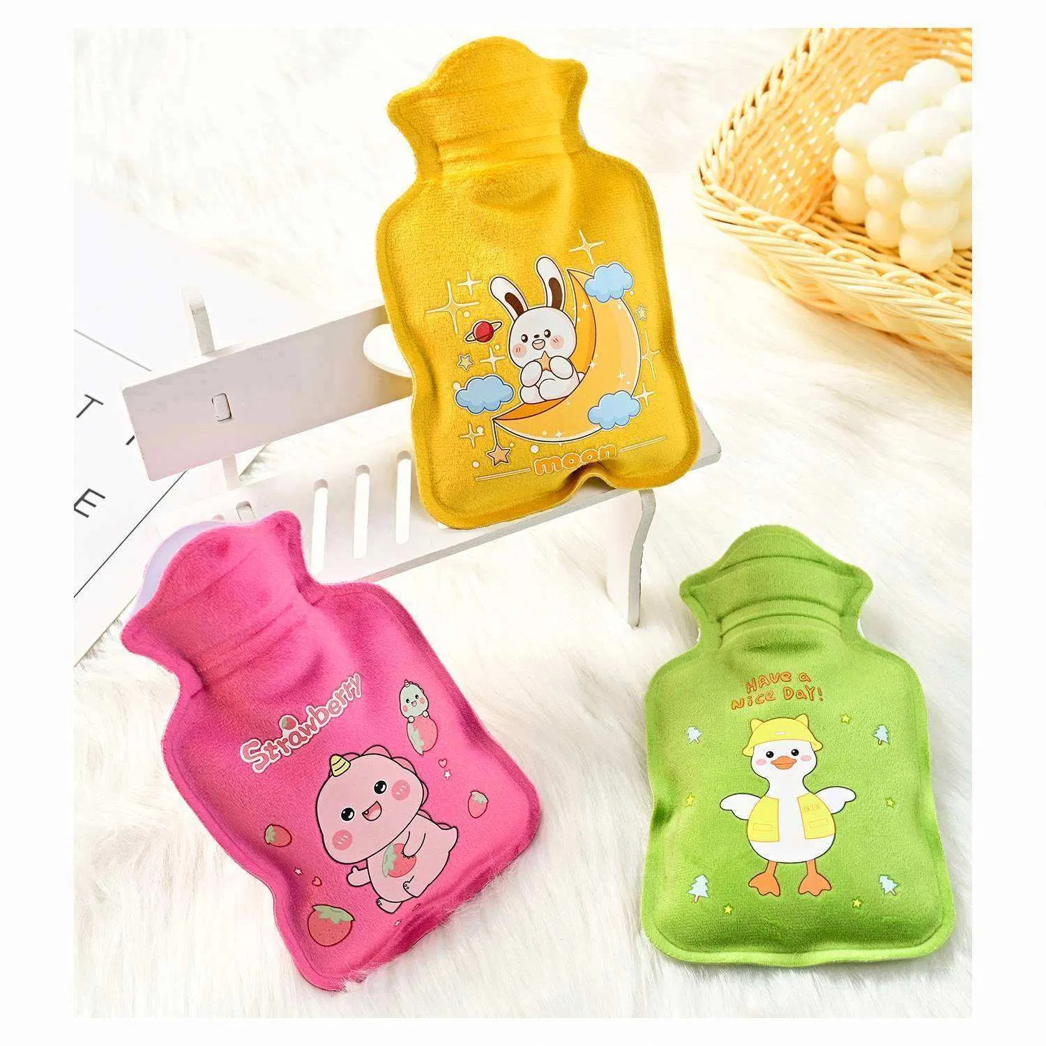 Hot Selling Flocking Rubber Cute Portable Leakproof Warmer Heat Cartoon Hot Water Bottle