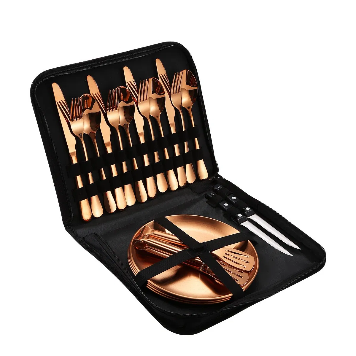 Stainless Steel Knife Fork Spoon Gold Portable Outdoor Camping BBQ Plate Cutlery 20 PCS Set for 4 People