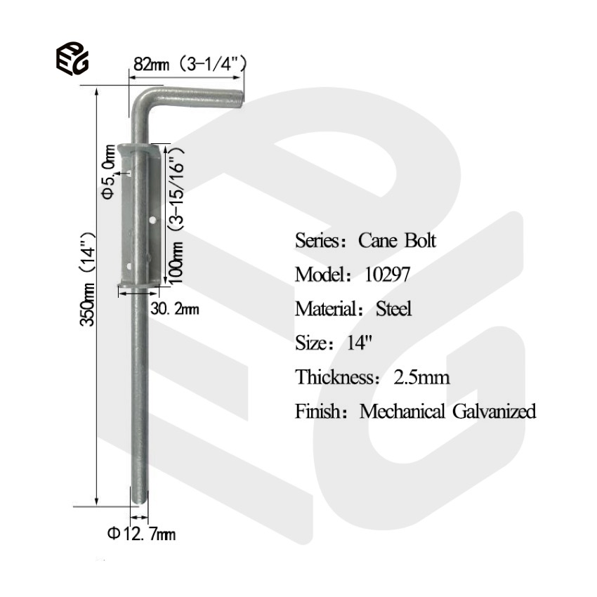 Black Powder Coated Cane Bolt for Garden Gates & Fences, 18" Heavy Duty Steel Bolt
