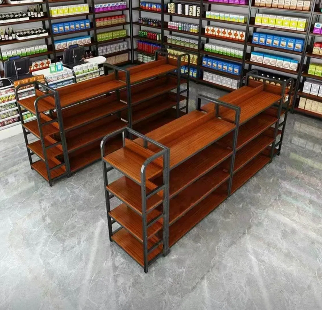 Durable Hot Sales Shop Retail Grocery Store Fixture Metal Wood Shelving Display Gondola Rack
