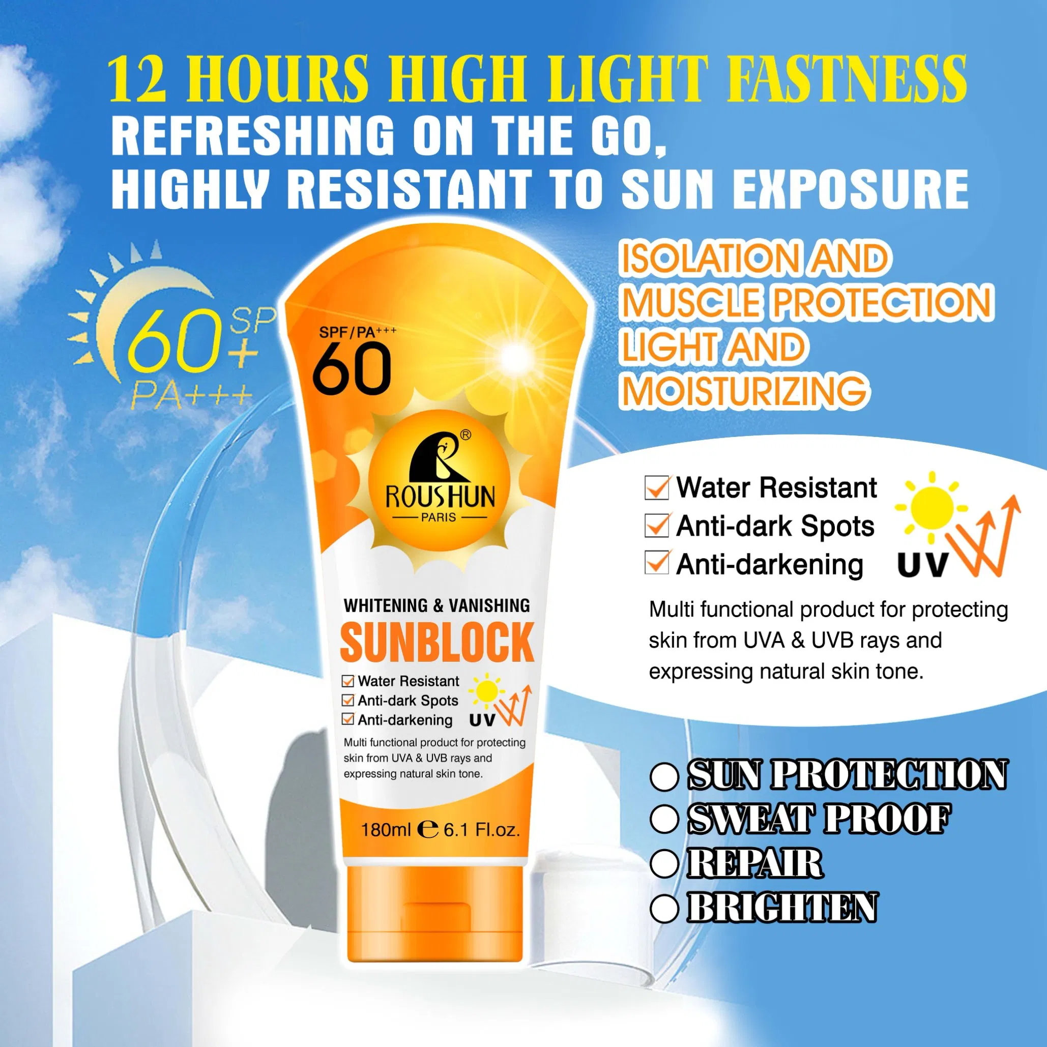 Roushun SPF 60 Whitening Vanishing Sunscreen Water Resistant Anti Dark Spots