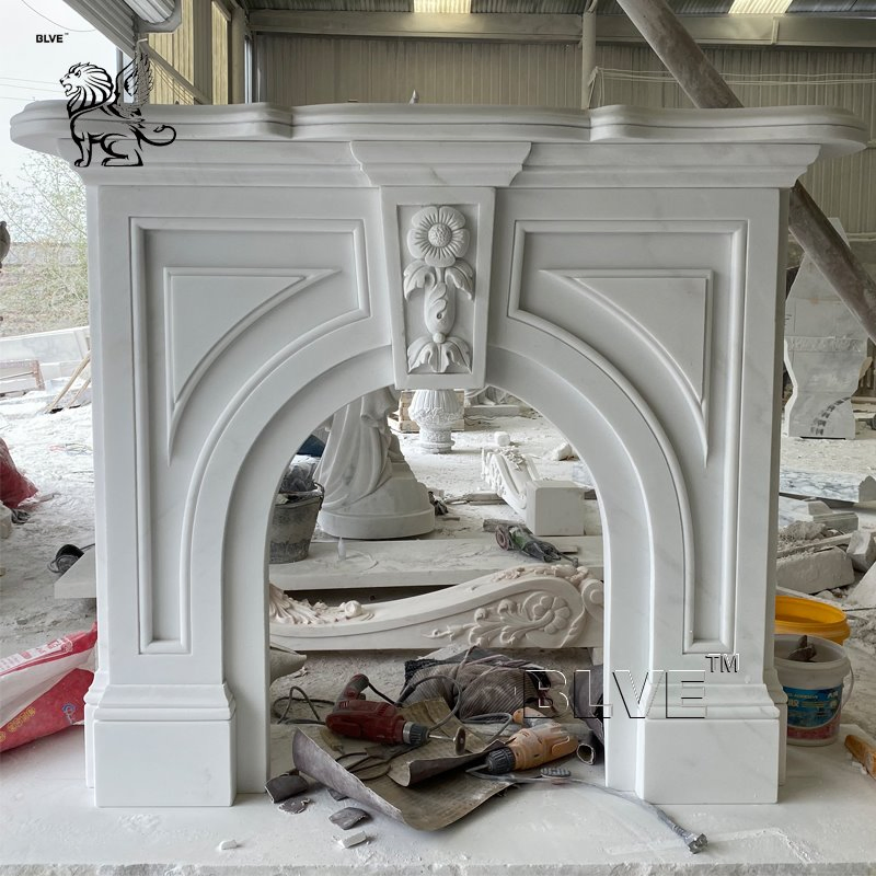 Blve Indoor Hand Carved French Style Freestanding White Stone Mantel Marble Modern Fireplace Wholesale