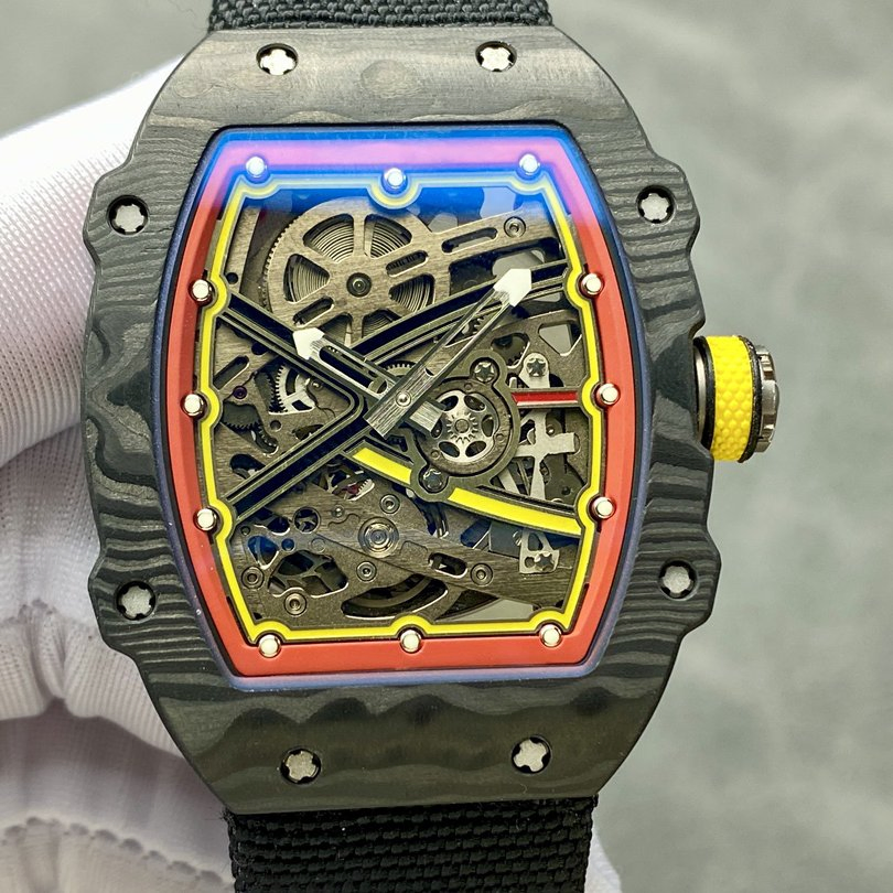 Top-Tier Replica Tonneau-Shaped Wristwatch with a Fully Skeletonized Design and Colored Bezel; a High-End Mechanical Men's Watch.