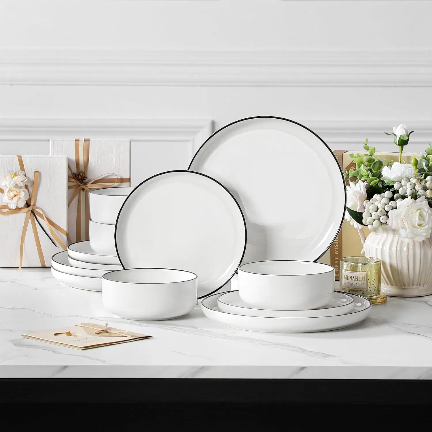 Best Sellers Wholesale Ceramic Tableware Porcelain Dinner Set White with Black Rim