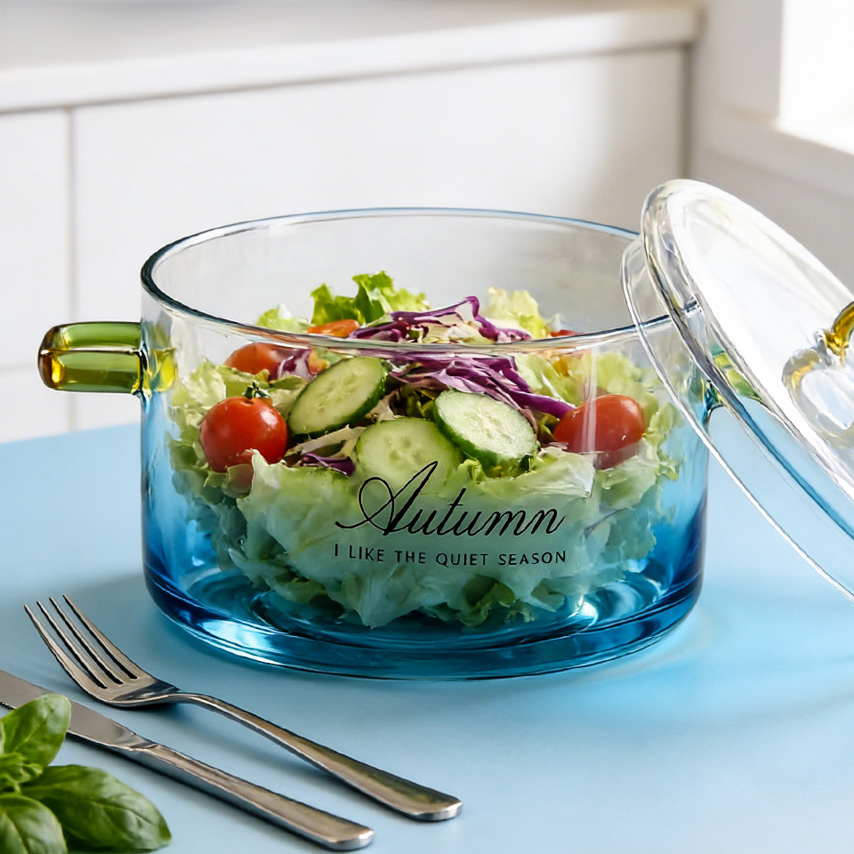 Blue Heat Resistant Transparent Glass Cooking Pots Instant Noodles Bowls