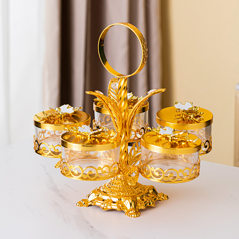 Home Decor Bowl Set, Includes 4 Glass Bowls and Gold-Plated Iron Stand Chocolate Jar