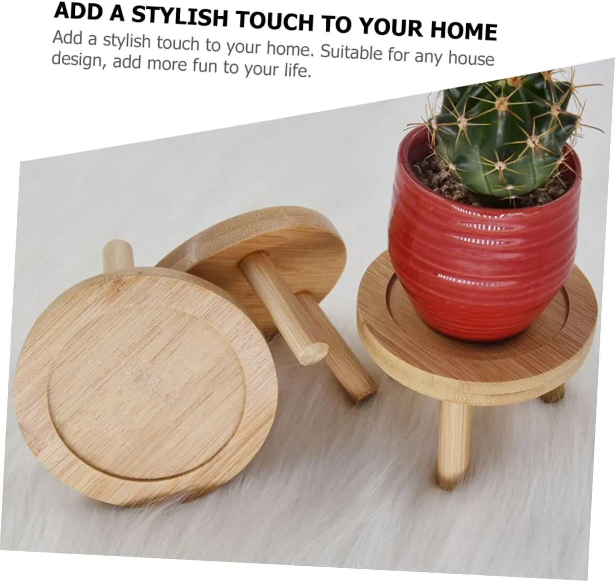 Bamboo Household Desktop with 2 Sets of Succulent Cactus Potted Plants, Base, Flower Rack