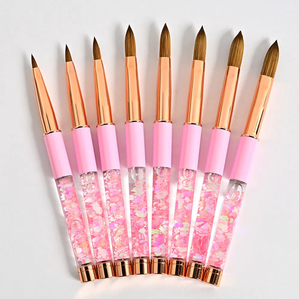 Pink Glitter Liquid Crystal Kolinsky Hair Acrylic Handle Nail Art Brush Kit Drawing Pen Manicure Set Tool