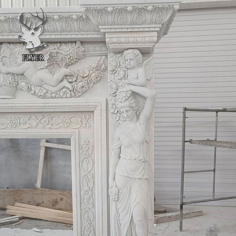 Home Decorative Open Stone Carving Fireplace Surround Freestanding White Marble Fireplace Mantel
