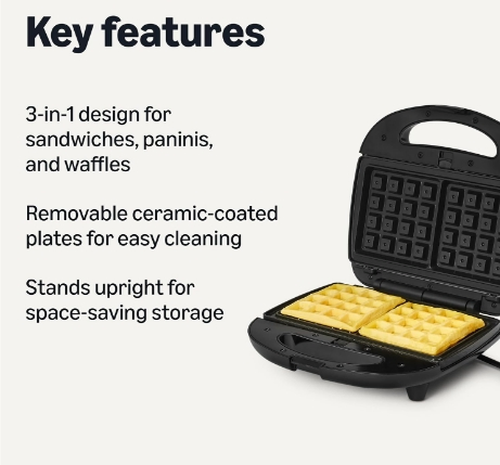 Amazon Basics 3-in-1 Sandwich Maker, Panini Press and Waffle Maker with Removable Plates