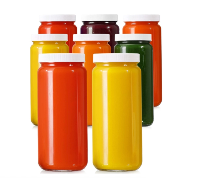 Glass Juicing Bottles with Lids W Hole- 16 Oz Travel Drinking Jars, Water Cups with White Airtight Lids, Reusable Tall Mason Jar
