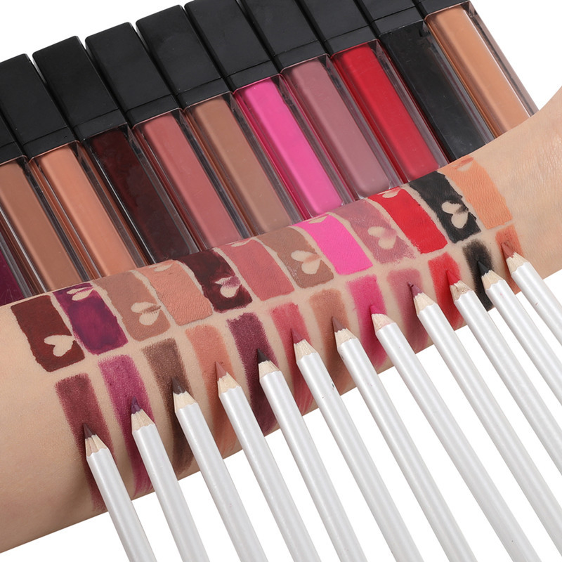 New Wholesale Private Label Matte Velvet Lipstick Lip Glaze Set Cup Waterproof Lip Liner Lip Gloss Set